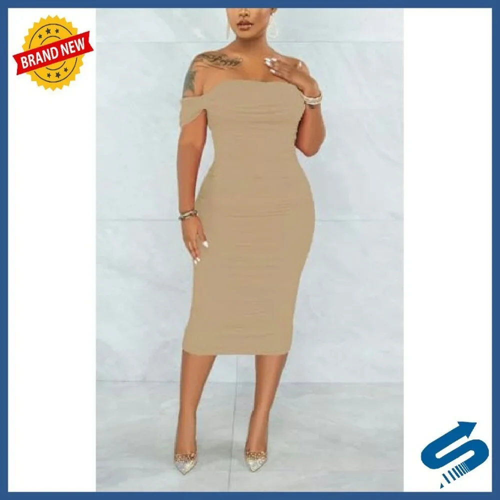 Off Shoulder Ruched Bodycon Midi Dress Cocktail Party Night Out - Picture 6 of 7